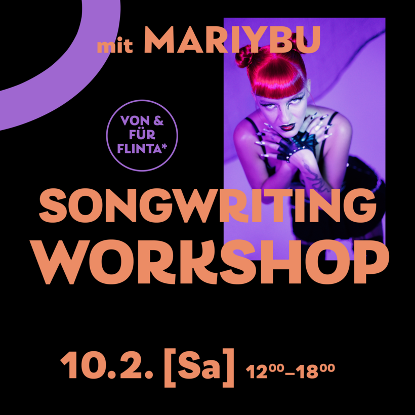 Nette Musikerin mit roten Haaren und Schrift %22Songwriting Workshop am 10.02.2024